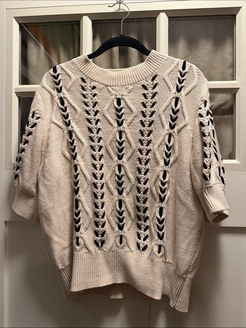 a.n.a Cream Cable-Knit Short-Sleeve Sweater with Black Trim